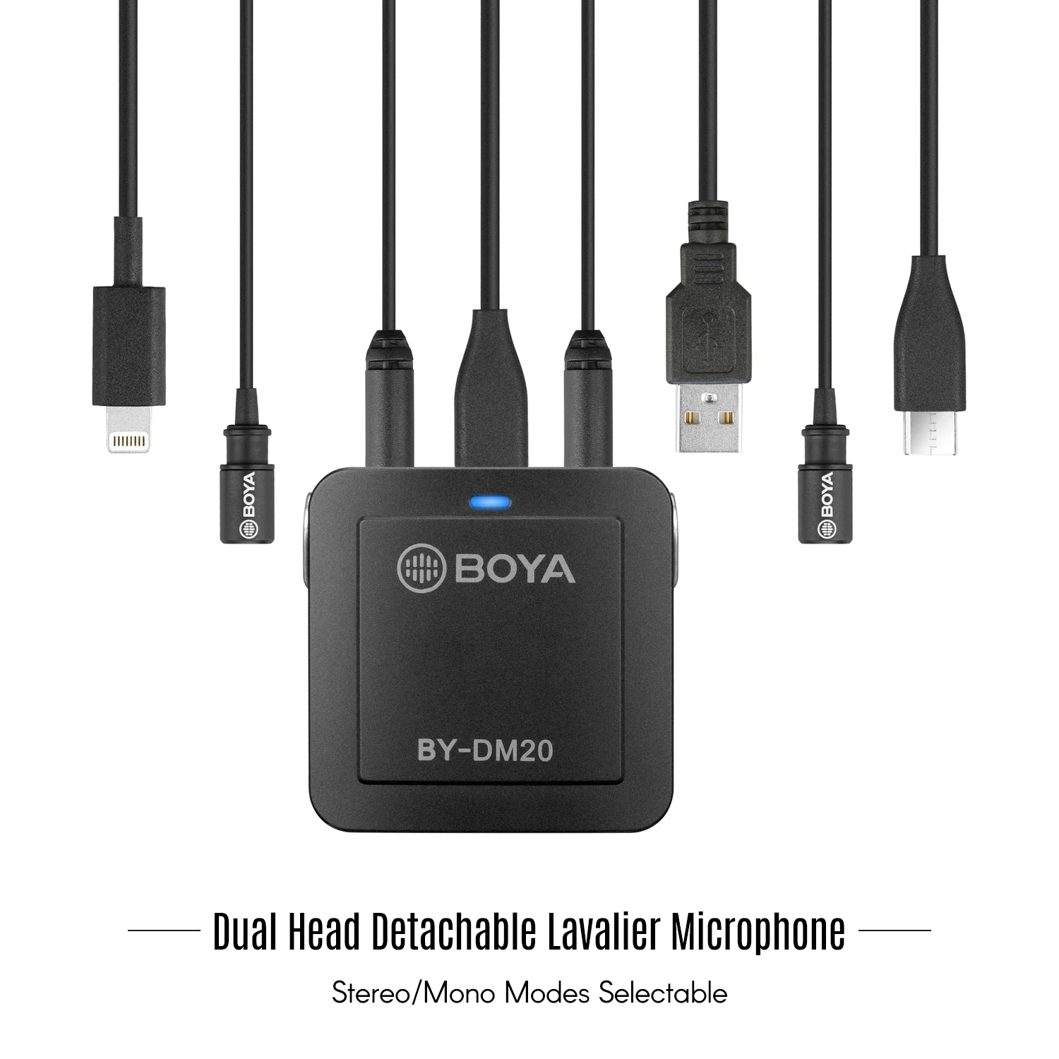 BOYA BY-DM20 Dual Head Detachable Lavalier Lapel Microphone Stereo Mono Selectable Real-time Headphone Monitoring for Type-C USB