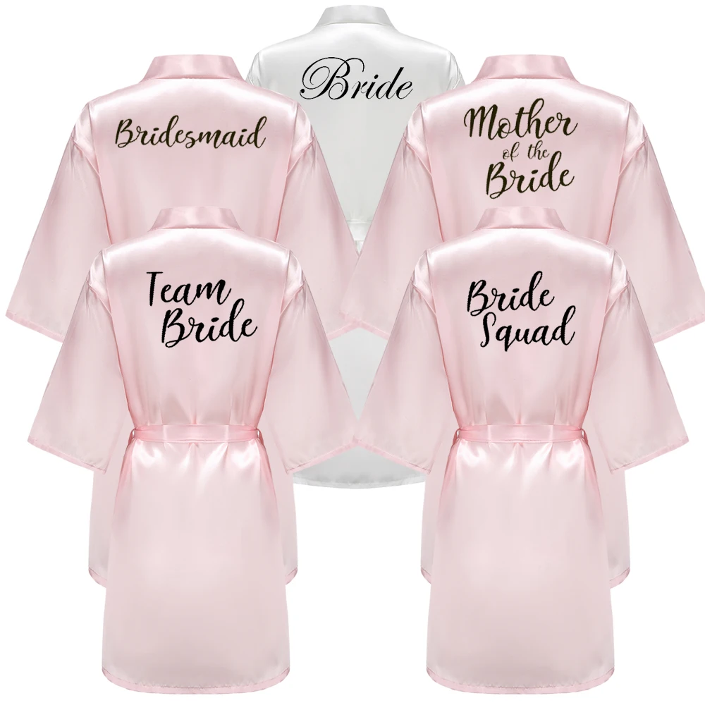 New Pink Wedding Team Bride Squad Maid of Honor Robe Bridal Party Satin Dressing Gowns For Women Black Letter Writing Bathrobe