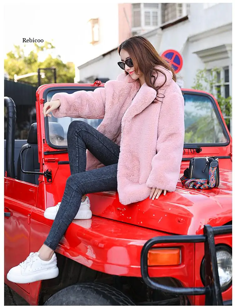 Winter Women High Quality Faux Rabbit Fur Coat Luxury Fur Coat Loose Lapel OverCoat Thick Warm  Female Plush Coats