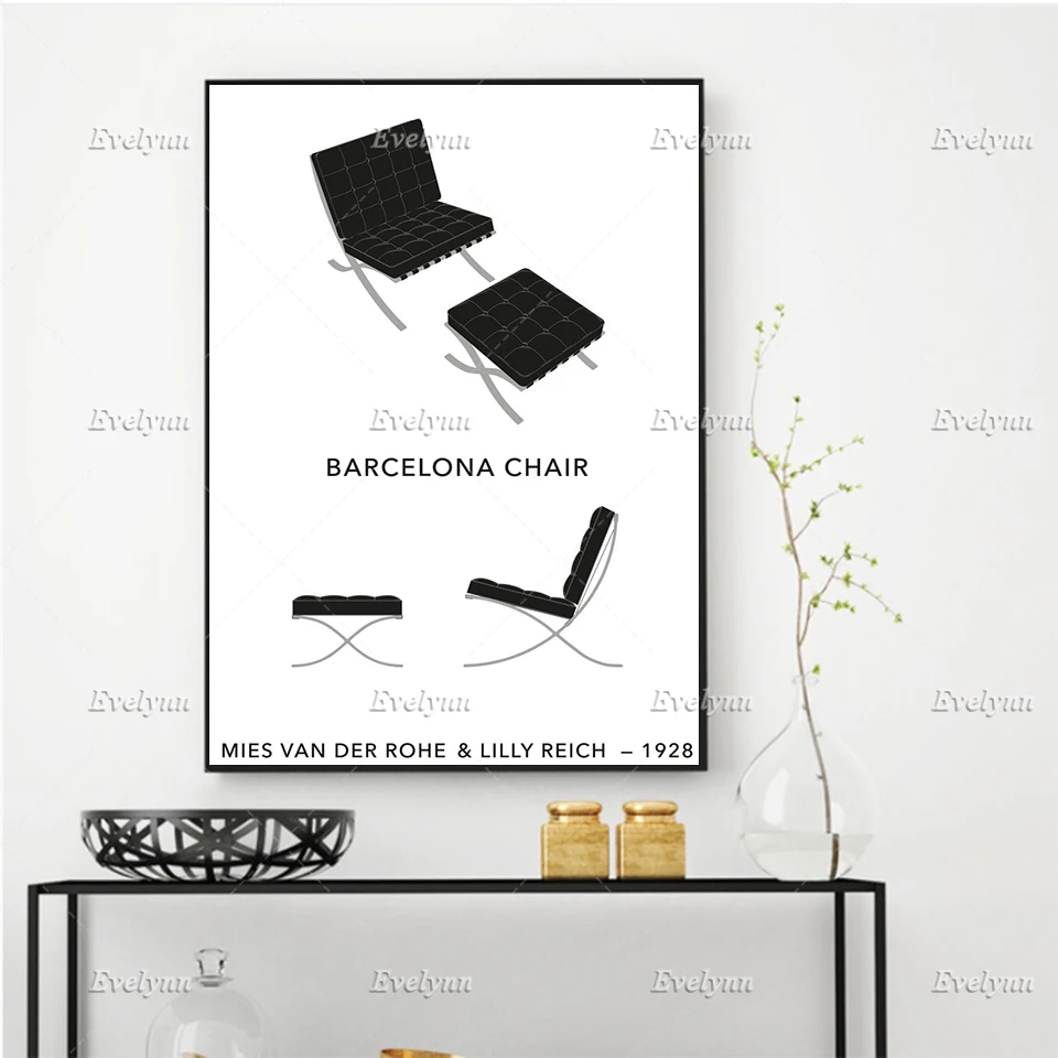 Architecture Vintage Bauhaus Mies Van Der Rohe - Barcelona Chair Design Poster Wall Art Prints Home Decor Canvas Floating Frame