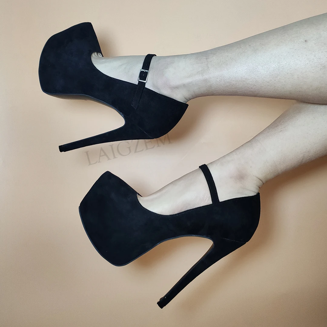 

LAIGZEM SUPER Women Platform Pumps Faux Suede Thin High Heels Cospaly Sandals Party Black Shoes Woman Large Size 44 47 48 50 52