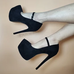 LAIGZEM SUPER Women Platform Pumps Faux Suede Thin High Heels Cospaly Sandals Party Black Shoes Woman Large Size 44 47 48 50 52
