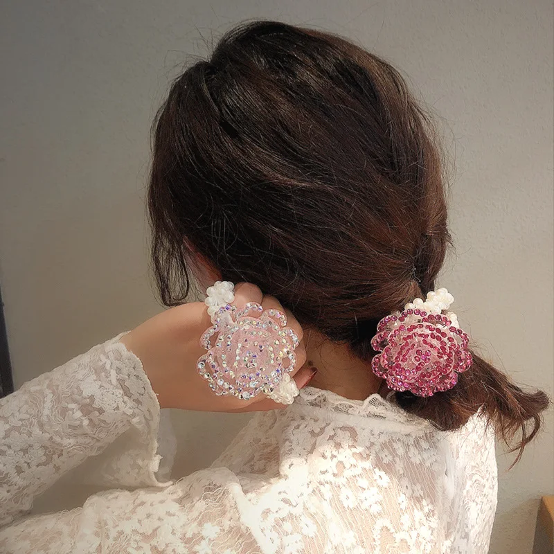 Elegant Large Bow Elastic Hair Bands Fabric Scrunchies Crystal Butterfly Women Hair Wedding Jewelry Rhinestone Flower Headbands