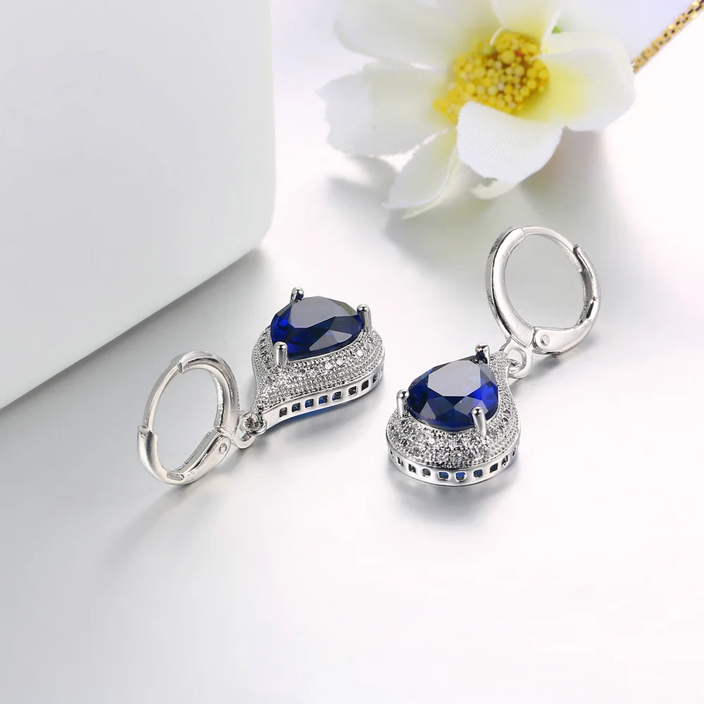 Big Stone Earrings For Women Blue Water Drop Rhinestone Silver Color Vintage Ear Accessories Wedding Jewelry Wholesale DWE824