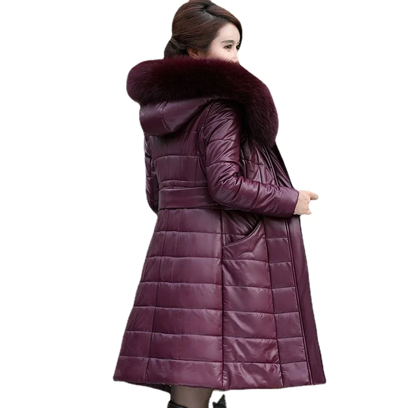 Women 2021 Leather Coat Down Cotton Jacket Female Plus Size Winter Parkas Thicken Warm Hooded Outerwear