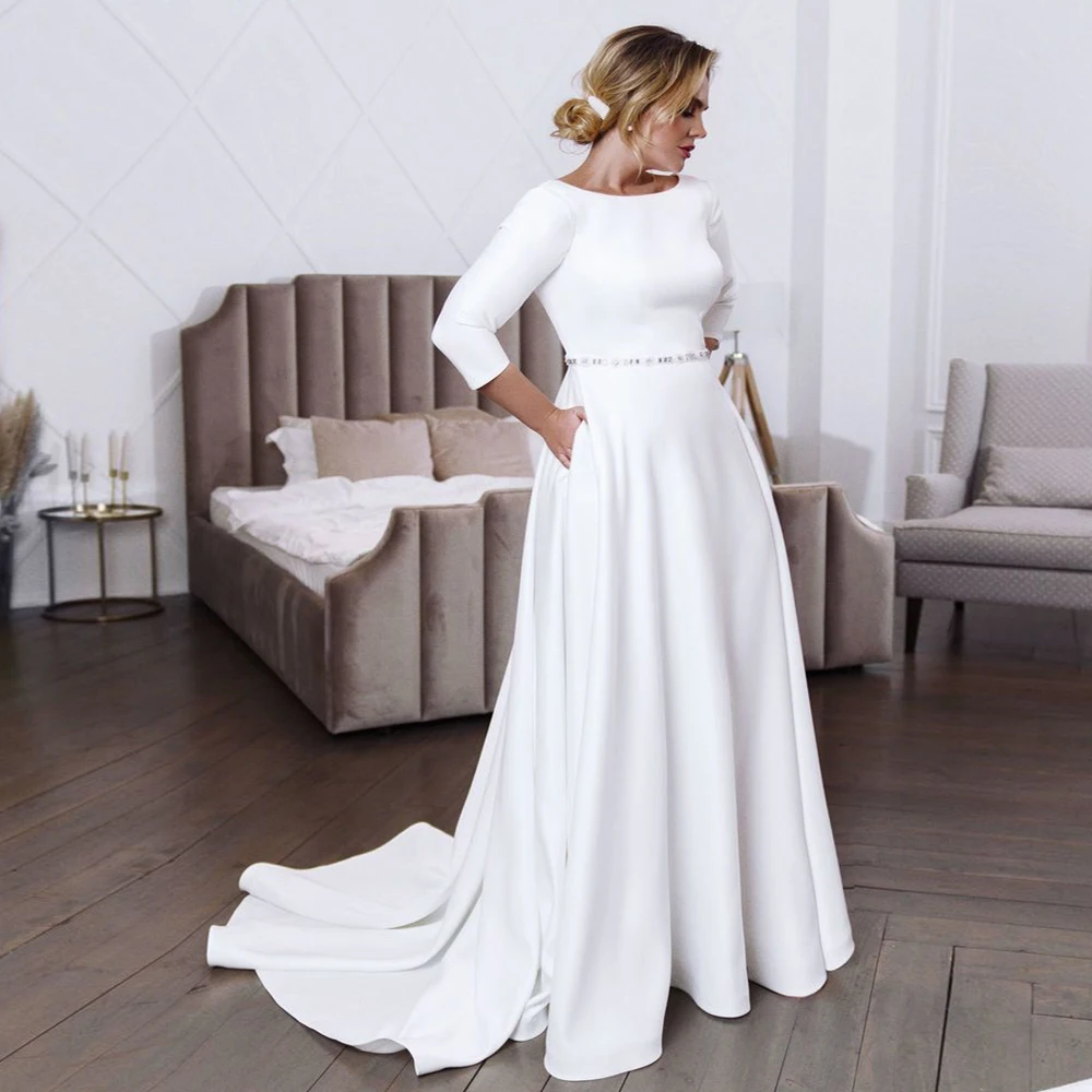 Plus Size Wedding Dresses Simple Satin Vintage 3/4 Sleeves Bridal Gown with Pockets Floor Length Beaded Belt Vestido De Noiva