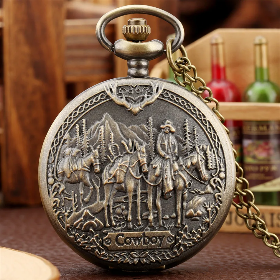 Bronze Cowboy Display Necklace Quartz Pocket Watch Arabic Numerals Display Pendant Clock Full Hunter Pocket Clock