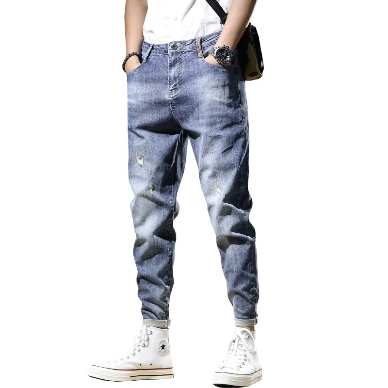 Summer Men Ripped Jeans Ankle-Length Pants pantalones hombre Streetwear Casual Blue Regular Jean Mens Clothing Denim Trousers