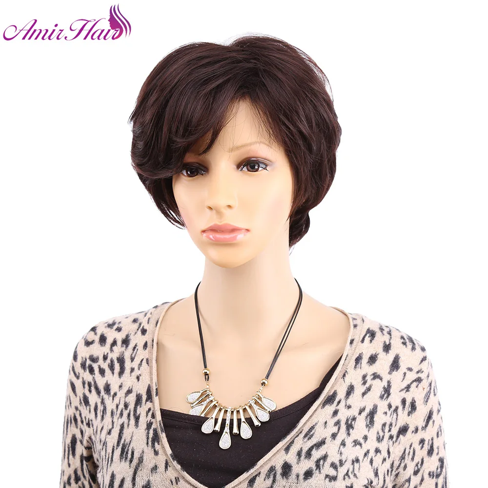 Amir Synthetic  Short Wave Wig For Women Brown Wigs With Natural Straight Hair With Side Bangs Pixie Cut Wig Daily Cosplay