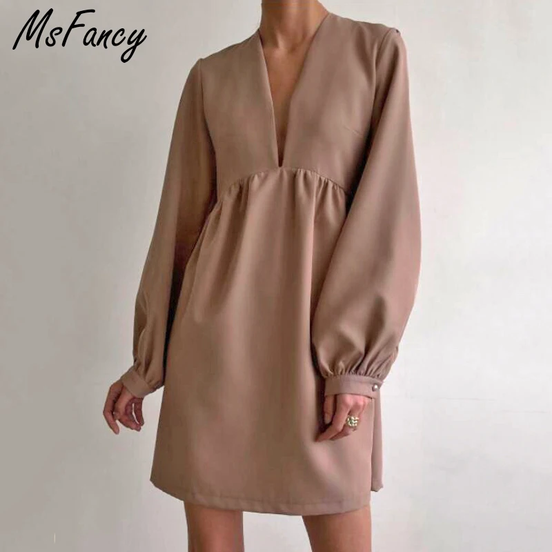 Msfancy-Mini Robe Rose pour Femme, Tunique à Col en V, Mode Coréenne, Manches Lanternes, Robe de Soirée, 2022