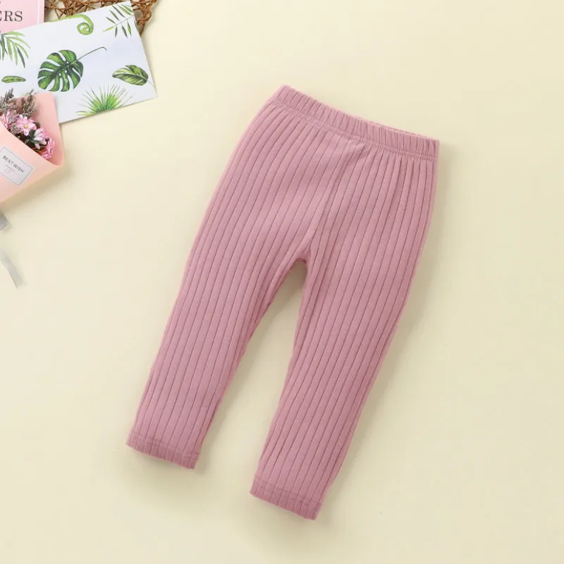 Baby Girl Boy Leggings with Vertical Pattern, Elastic Waist Adjustable Solid Color Simple Spring Autumn Clothing