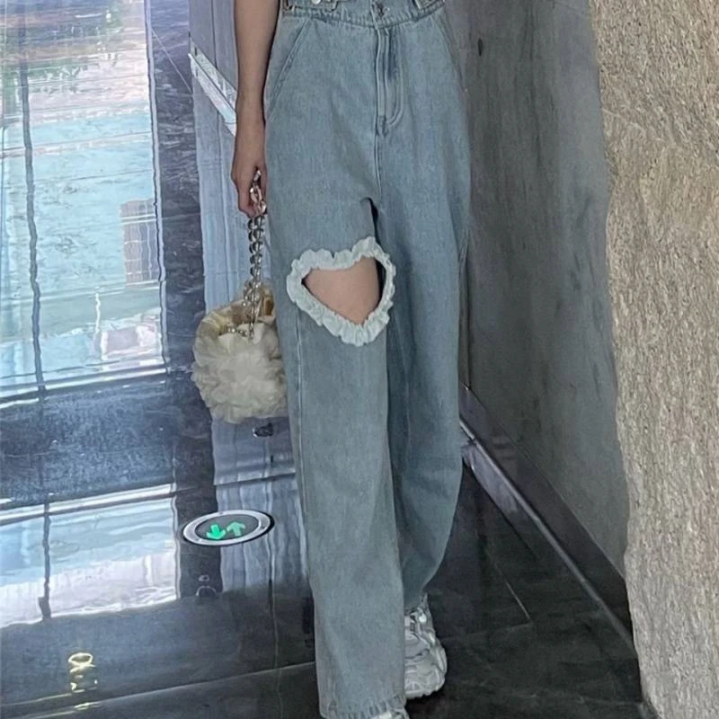 All-match fashion kawaii denim blue loose wide-leg women\'s jeans high waist heart chain summer thin casual cute casual