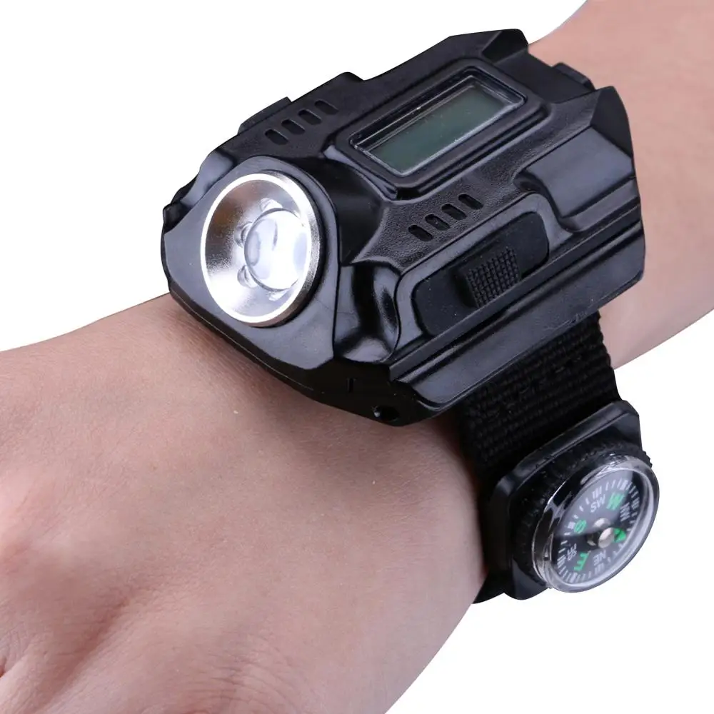 Black Wrist Light compass camping Watch Rechargeable Variable Output LED High-strength watch fishing hiking flashlight