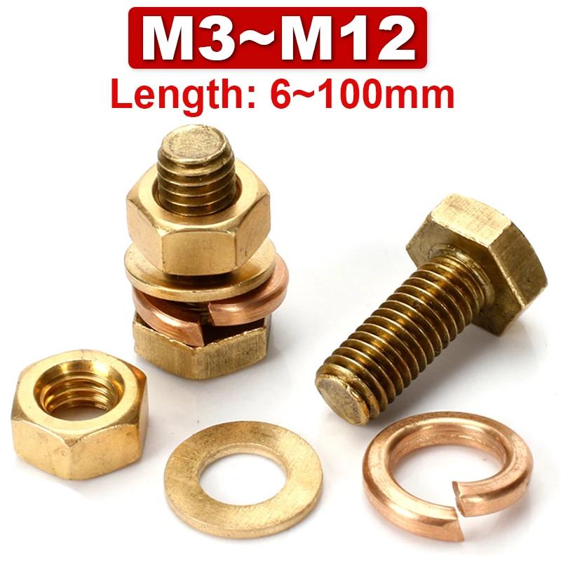 4In1 Brass Outer Hexagonal Bolt Screw Nut Flat Washer Elastic Washer Combination Machine Screws Copper DIN933 M3M4M5M6M8M10M12