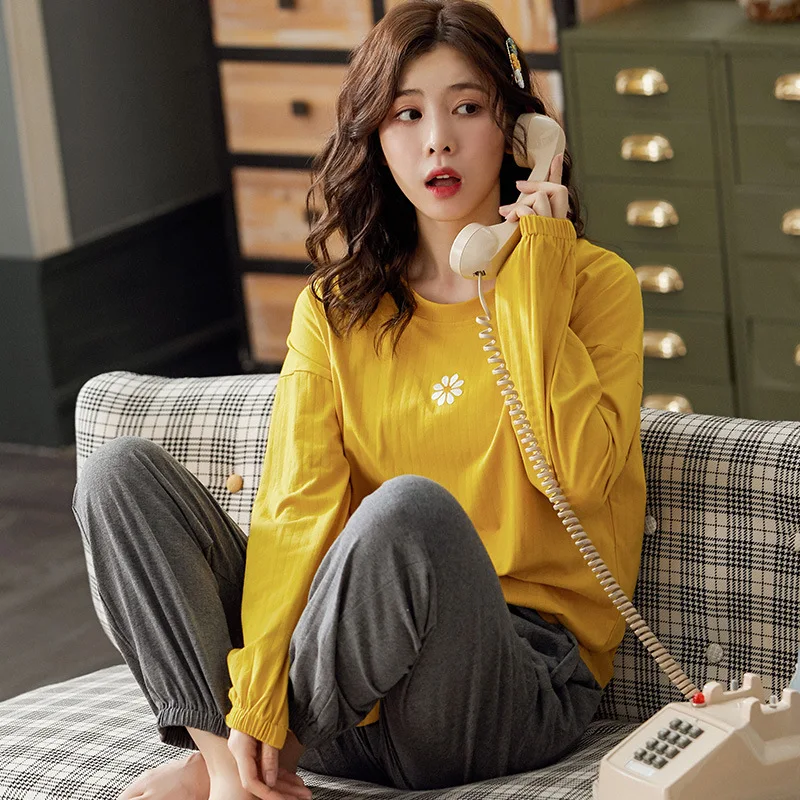 

High Quality Cotton Spring Autumn Long-sleeved Trousers Floral Print Loose Women's 2-piece Pajama Set Chemise De Nuit Femme