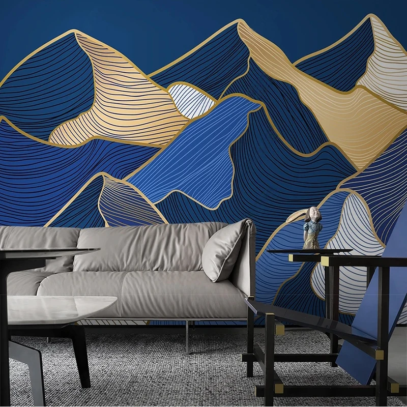 Custom 3D Wallpaper Modern Minimalist Light Luxury Abstract Line Mountain Peak Lapis Lazuli Blue Background Wall Sticker Tapety