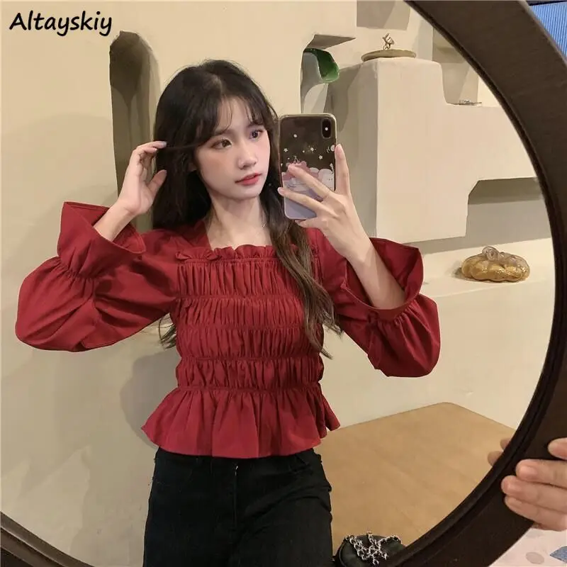 

Blouse Women Autumn Elegant Vintage Chic French Style Long Sleeve Folds Square Collar Party College Solid Female Feminine Tender