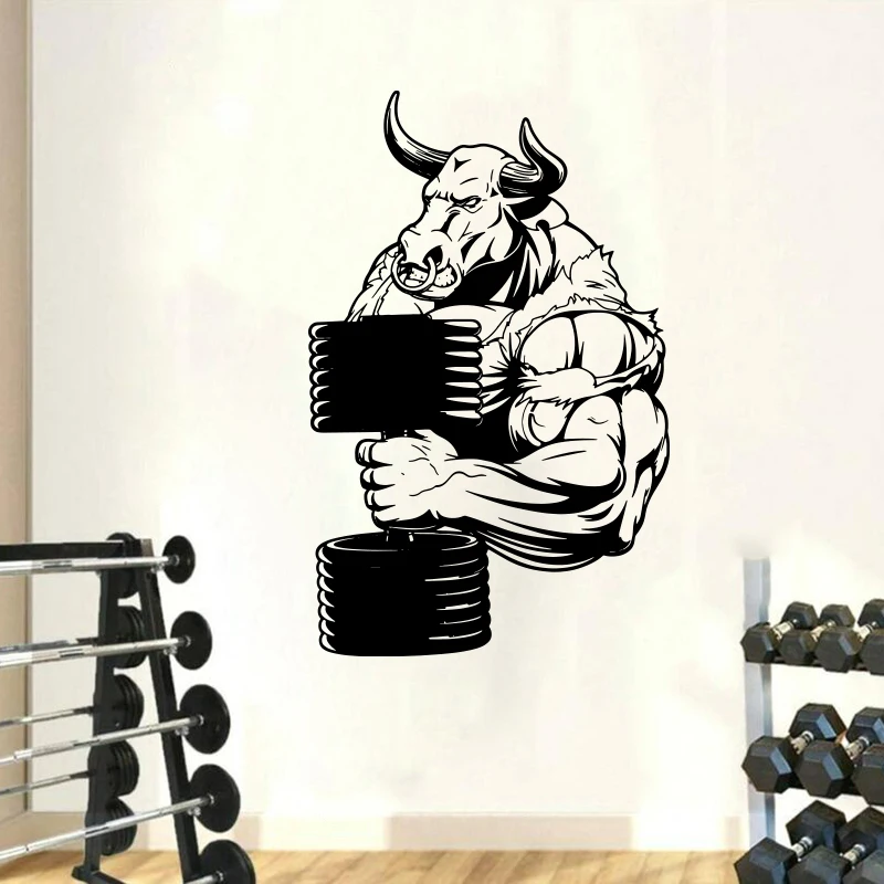 Angry Bull Dumbbell Gym Wall Sticker Cow Bull Animal Farmhouse Fitness Workout Crossfit Wall Decal Inspirational Quote Vinyl