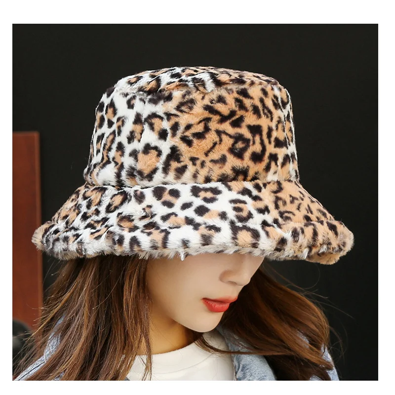 Fisherman Autumn Winter Women Bucket Hat Cap Lady Warm Panama Fashion Zebra Faux Fur Thick Girls Hats For Women Bucket Caps New