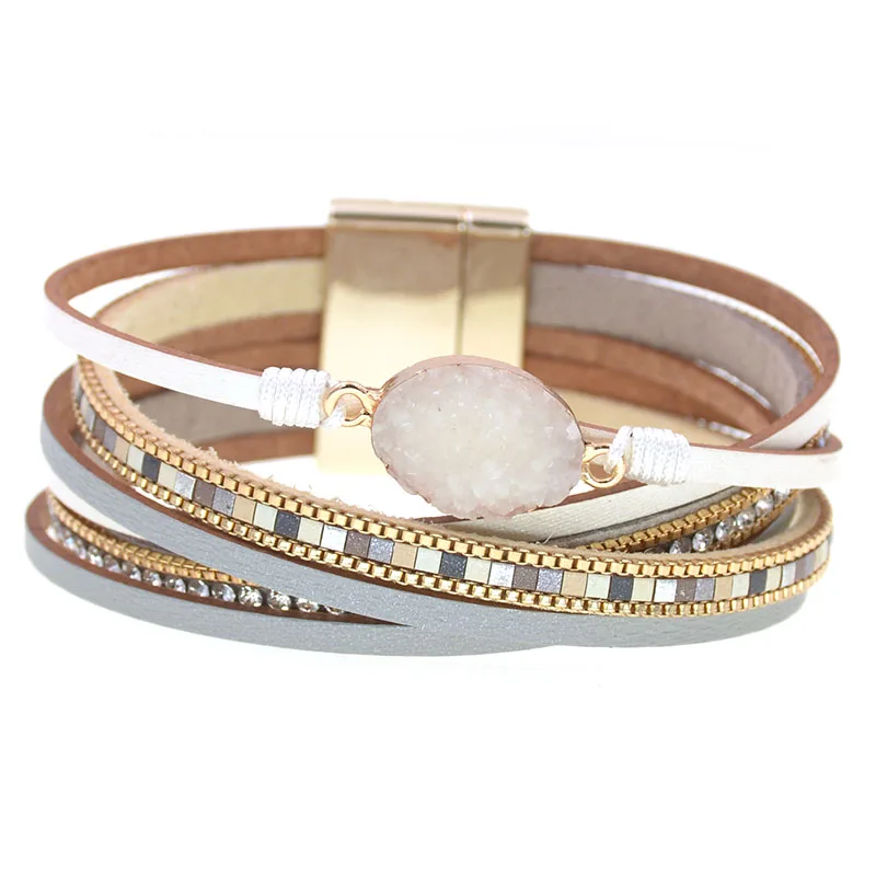 WELLMORE Charm Leather Bracelets For Women 2020 Fashion stone crystal Ladies Boho Multilayer Wide Wrap Bracelet Female Jewelry