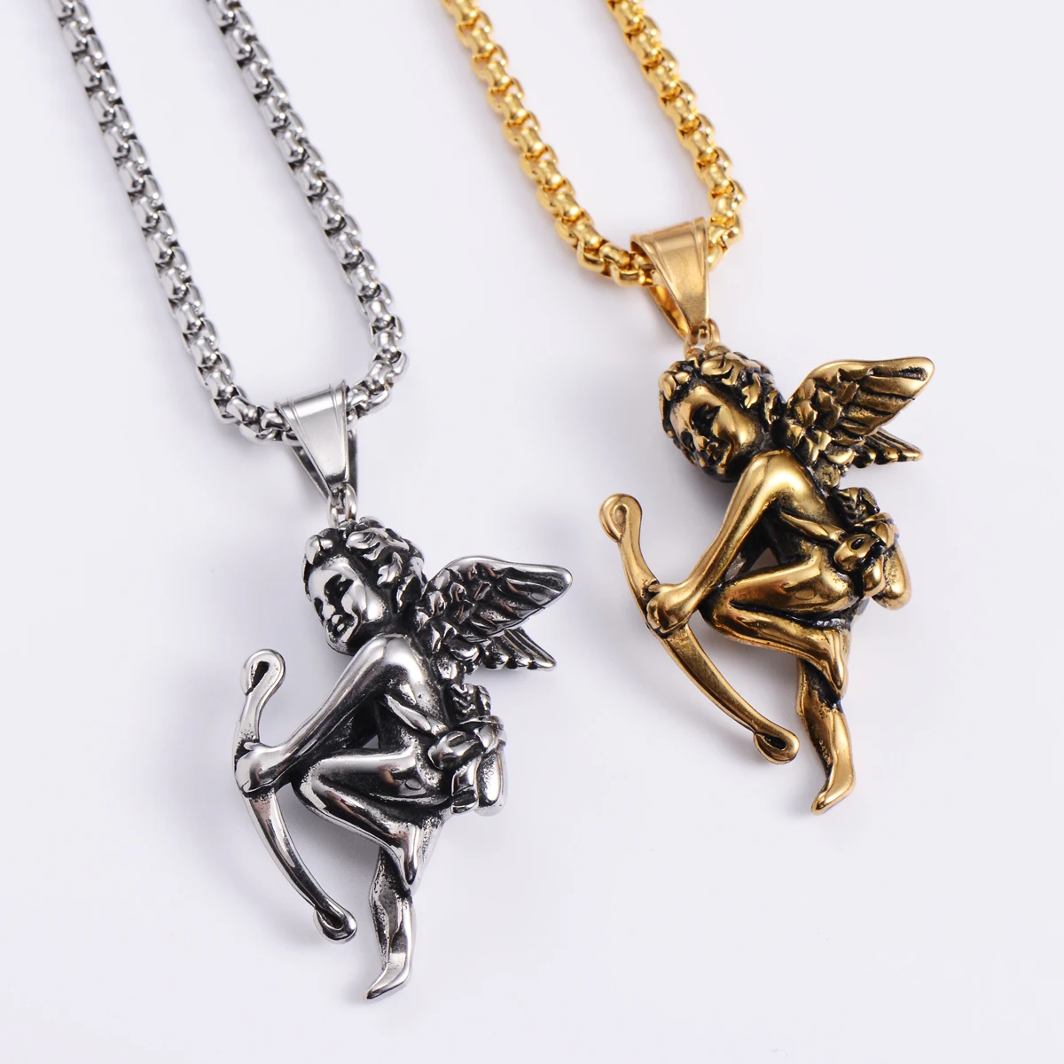 New Pattern Cherub Wings Stainless Steel Pendant Necklace Shoot Cupid Love God Gold Color Hip-hop Male Charm Collar Long Chain