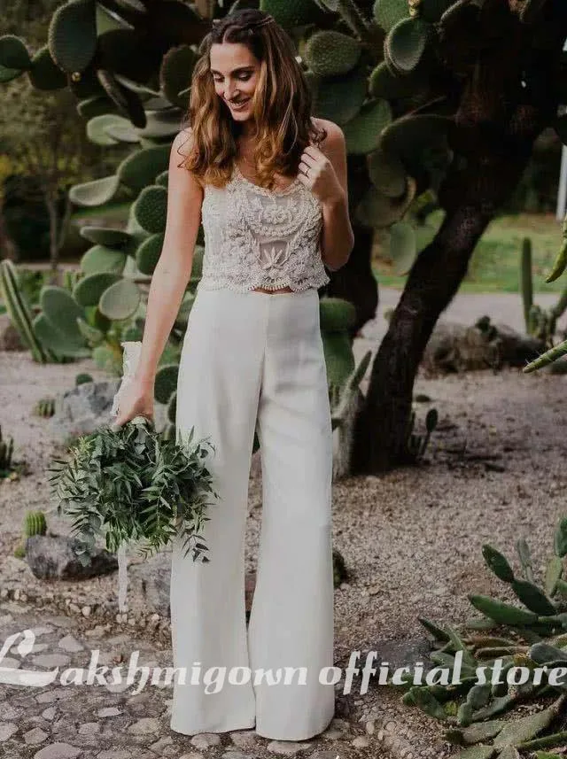 2023 Wedding Jumpsuit Two Pieces Lace Bodice A Line Scoop Neck Beach Wedding Dress Appliqued Bead Pant Long Robes De Mariée