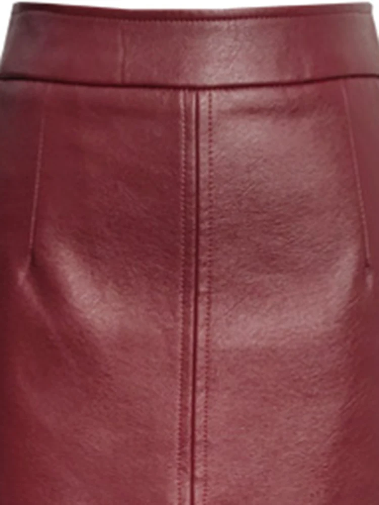 Lautaro Long Soft Faux leather pencil skirt women with front slit pockets High waisted midi skirts for women wine red skirt