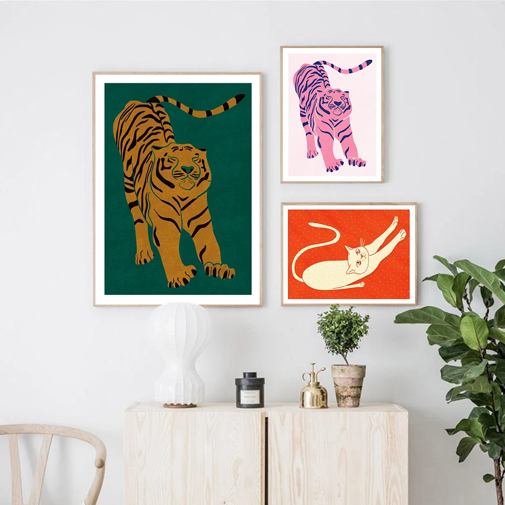 Nordic Abstract Animal Poster and Print Red Pink Green Tiger Doesnt Lose Sleep Canvas Painting Wall Pictures Bed Room Home Decor