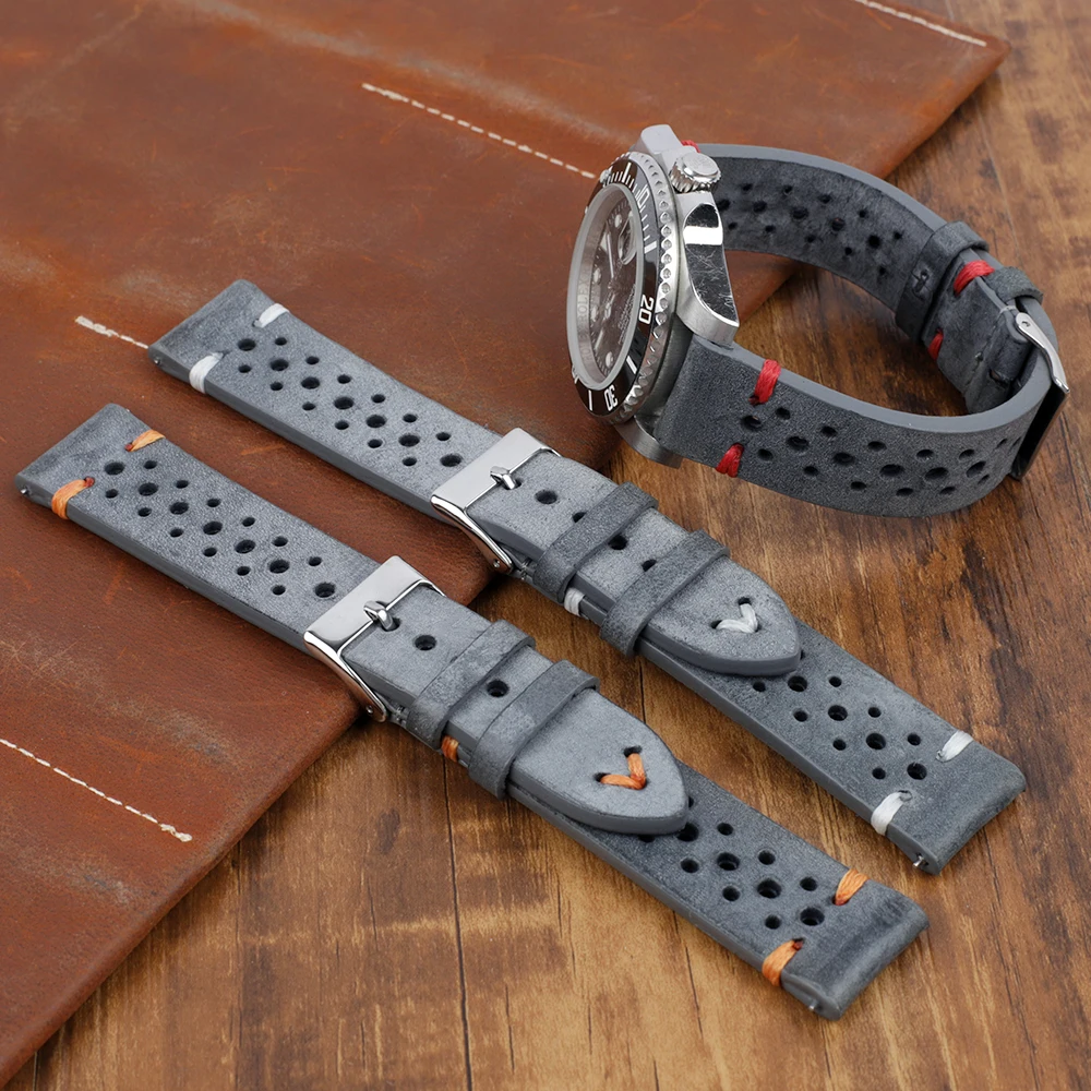 New Design Oil Wax Cow Leather Watch band 18mm 20mm 22mm 24mm Vintage Porous Watch Strap Handmade Watch Accessories