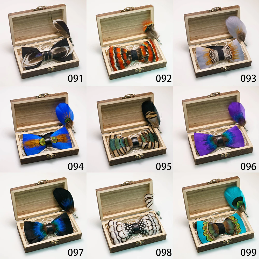 EASTEPIC Handmade Feather Bow Tie Brooch Wooden Box Set Men's Exquisite Accessories for Wedding Party Birthday Gift Necktie