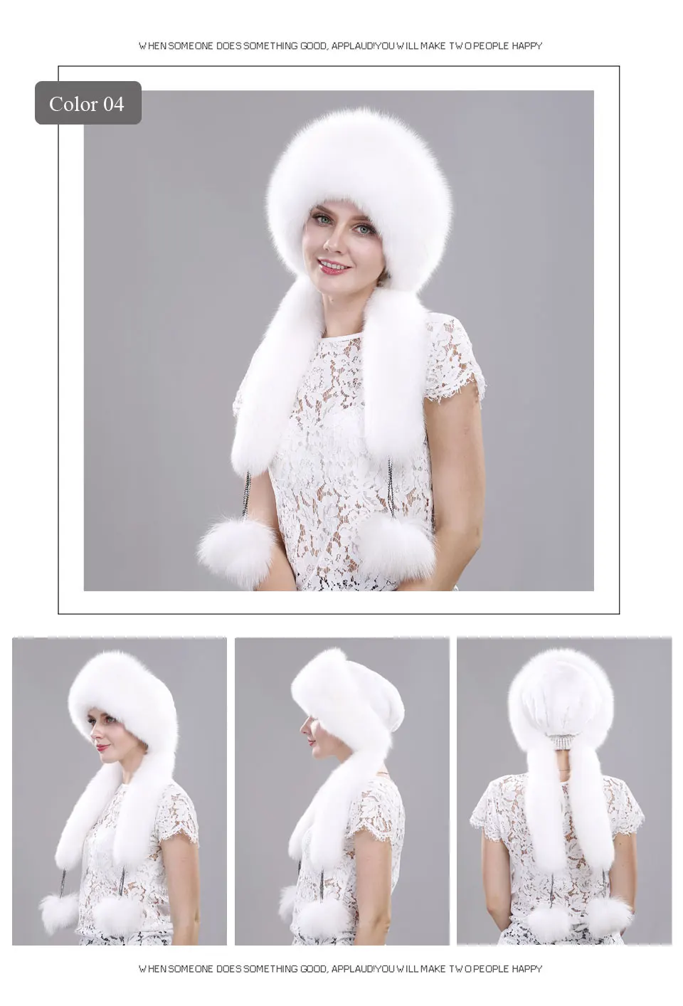 Echte Fuchspelzmütze mit Kaninchenfell-Oberteil, Wintermützen für Mädchen mit langen Pompons, Russische Trappermützen, Bombermützen, Bonnets für Frauen – Detail 6