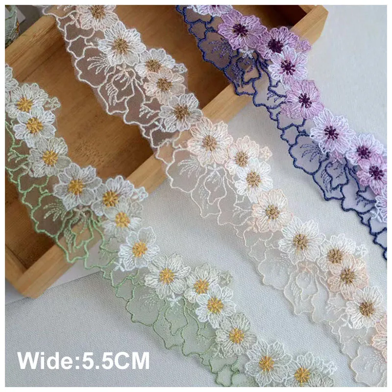 5.5cm Wide Luxury Cotton Embroidered Green Purple Flower Lace Fabric Dubai Sewing DIY Trim Ruffle Applique Ribbon Collar Decor