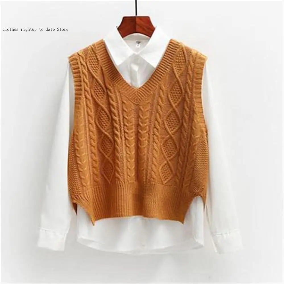 

Female Coats Simple Leisure Outwear Vest Women Solid Short Loose Trendy Korean Style Sleeveless Knitted V-Neck All-Match