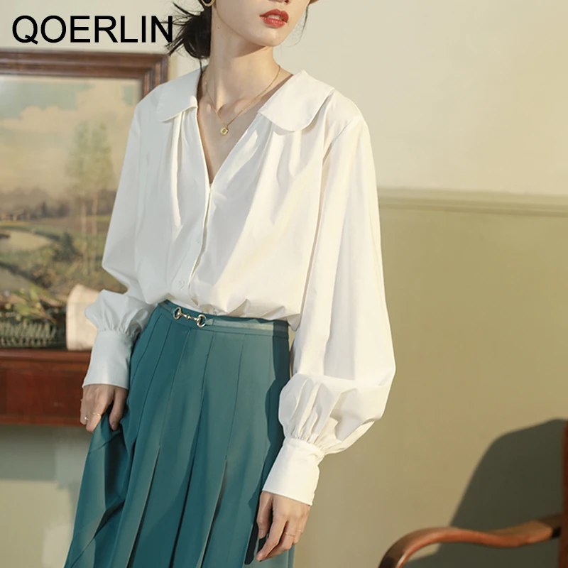 QOERLIN Blusa de gola virada para baixo para mulheres, blusas com decote em v para senhoras, manga lanterna, branca, monocromática, tops de peito único, camisas amarelas