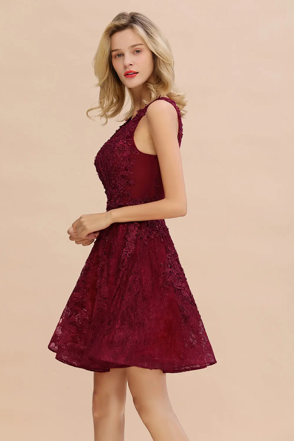 Robe de Demoiselle d'Honneur Courte en Dentelle Rose Poussiéreux, Col en V, Paillettes, en Stock