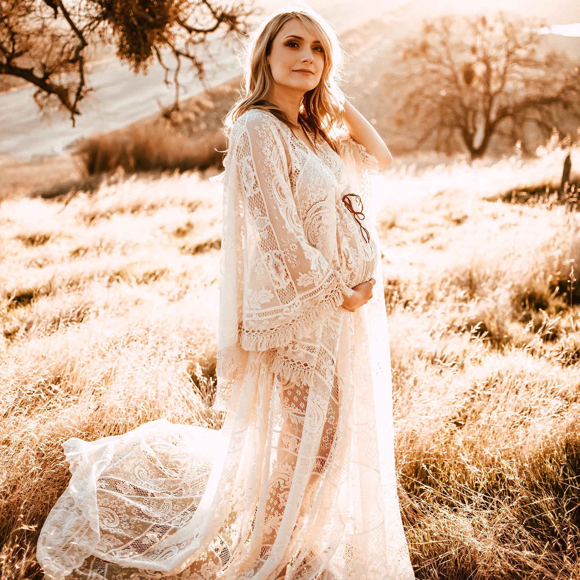 Don&Judy Boho Lace Maternity Dress Photography Long Sleeve V-neck Pregnancy Gown Evening Robe Photo Shoot Props Woman Clothes