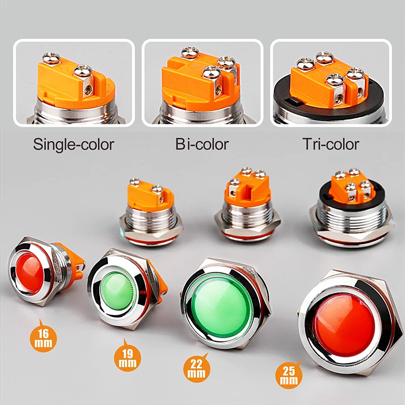 LANBOO 16mm/19mm/22mm/25mm Metal Indicator Light—Red,Green,or Blue Options Available;Single-Color,Dual-Color,Tri