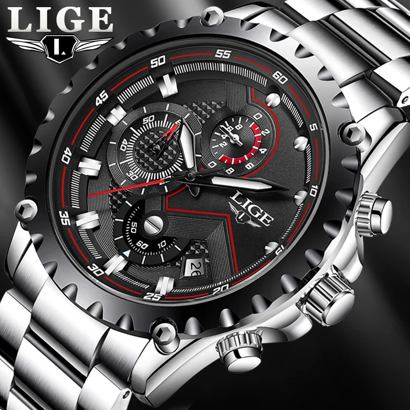 LIGE – montre à Quartz pour hommes, marque de luxe, argent, acier inoxydable, étanche à 30m, chronographe militaire