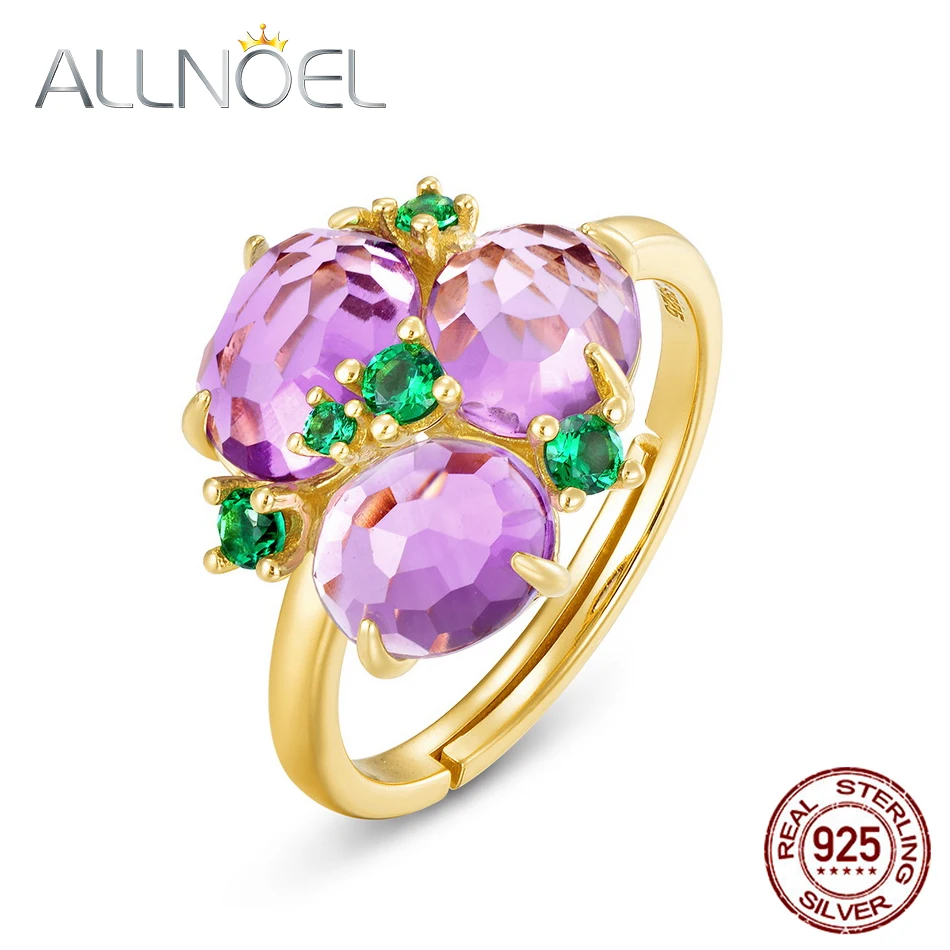 ALLNOEL 925 Sterling Silver Adjustable Rings For Women Purple Stone Synthetic Amethyst Exquisite Flower Fine Jewelry Gift Bijoux