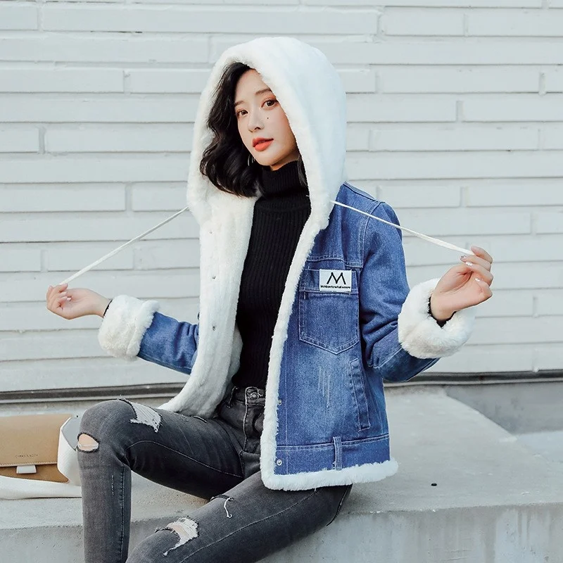 Women Winter Thick Warm Fur Lining Short Denim Jacket Hoody Slim Fit Jeans Coat Female Casual Overcoat Streetwear Parkas Jacket