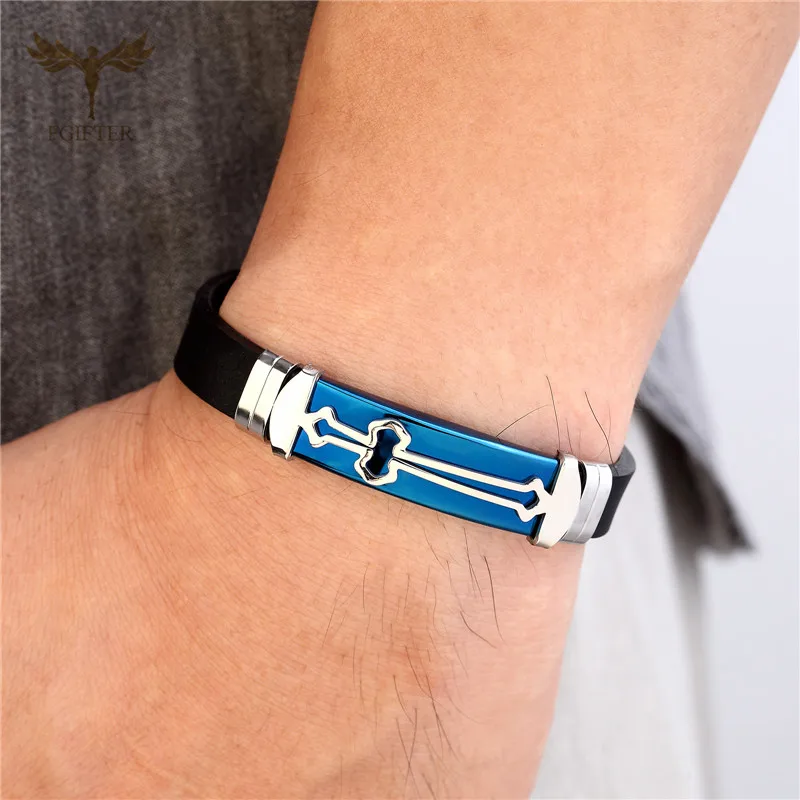 Pulsera cruzada de silicona para hombre, pulsera deportiva de silicona, regalo de confirmación para niños, brazalete de acero inoxidable, cinturón ajustable