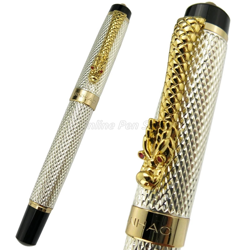 

Jinhao Metal Silver Mesh Barrel Descendants of The Dragon Broad Nib Fountain Pen Office School Writing Gift Pen Accessory