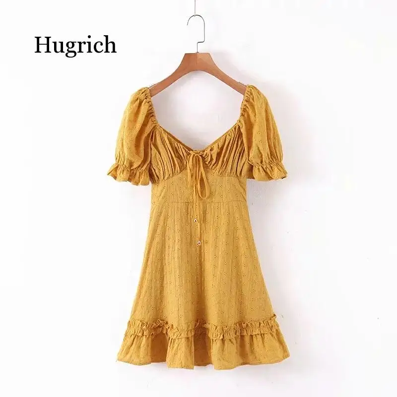 Cotton Ruffled Puff Sleeve Women Yellow High Waist Lace Up Summer Elegant Sexy Women Dress 2021