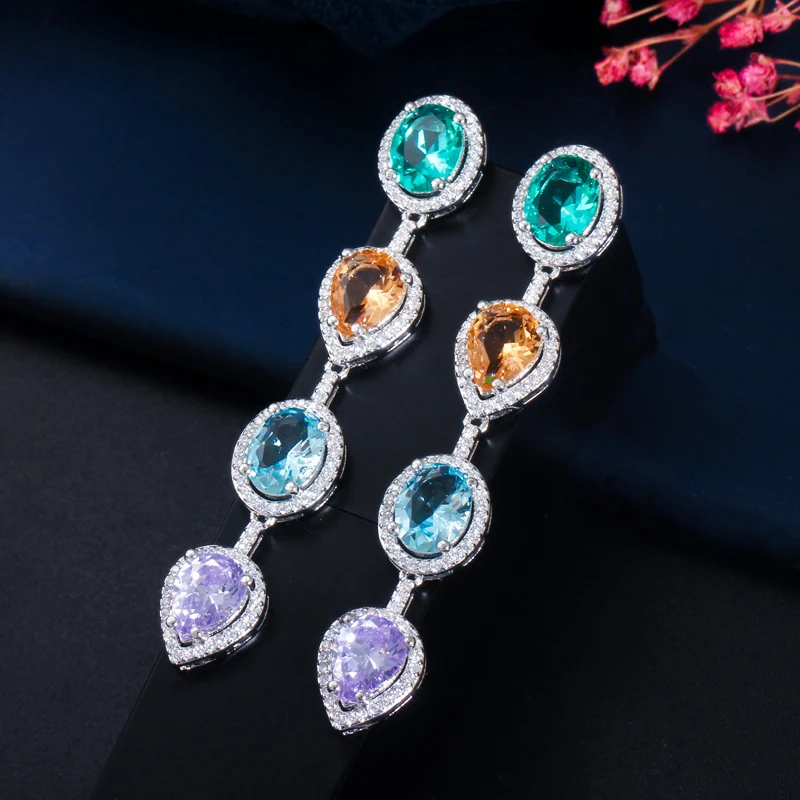 CWWZircons Green Blue Cubic Zircon Crystal Dangling Long Water Drop Ear Line Earrings Trendy Ladies Boho Party Jewelry CZ728