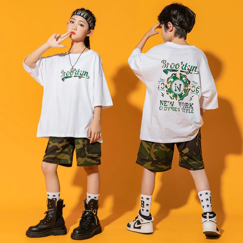 Kid Kpop Hip Hop Clothing Oversized T Shirt Top Camo Vest Streetwear Military Cargo Shorts for Girl Boy Dance Costume Clothes