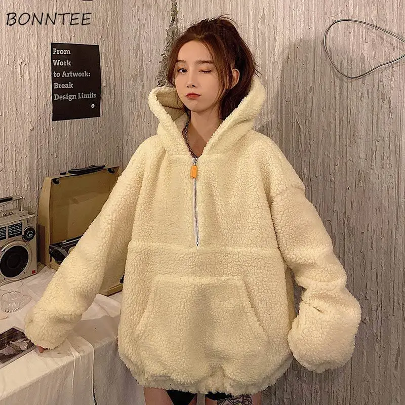 

With Hat Hoodies Khaki Cute Warm Thicker Soft Western Style Kangaroo Pocket Lamb-wool BF Loose Fashion Ins Kawaii Tender Casual