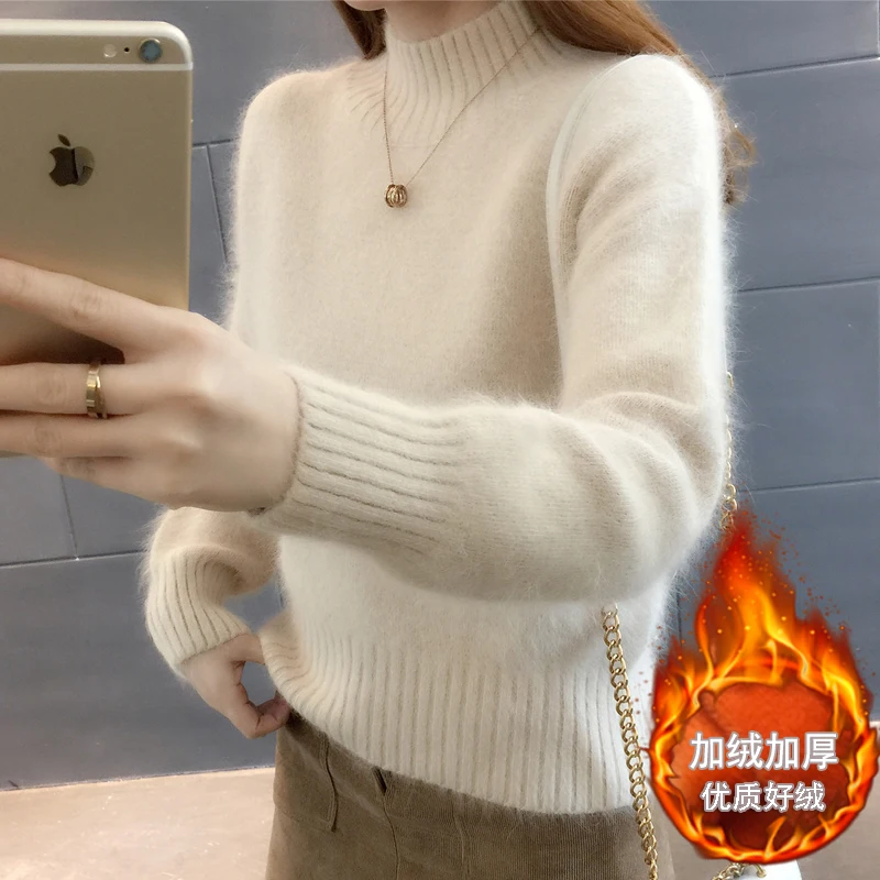 Super Warm Fluffy Mink Cashmere Soft Sweaters Women Half High Neck Pullovers 2023 Fall Winter Jumper Female Bottoming Sweater