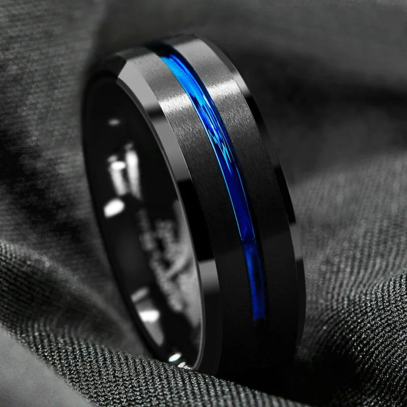 8mm Fashion Men Rings Black Stainless Steel Blue Line Inside Inlay Wedding Engagement Bands Anniversary Gift For Men Jewelry