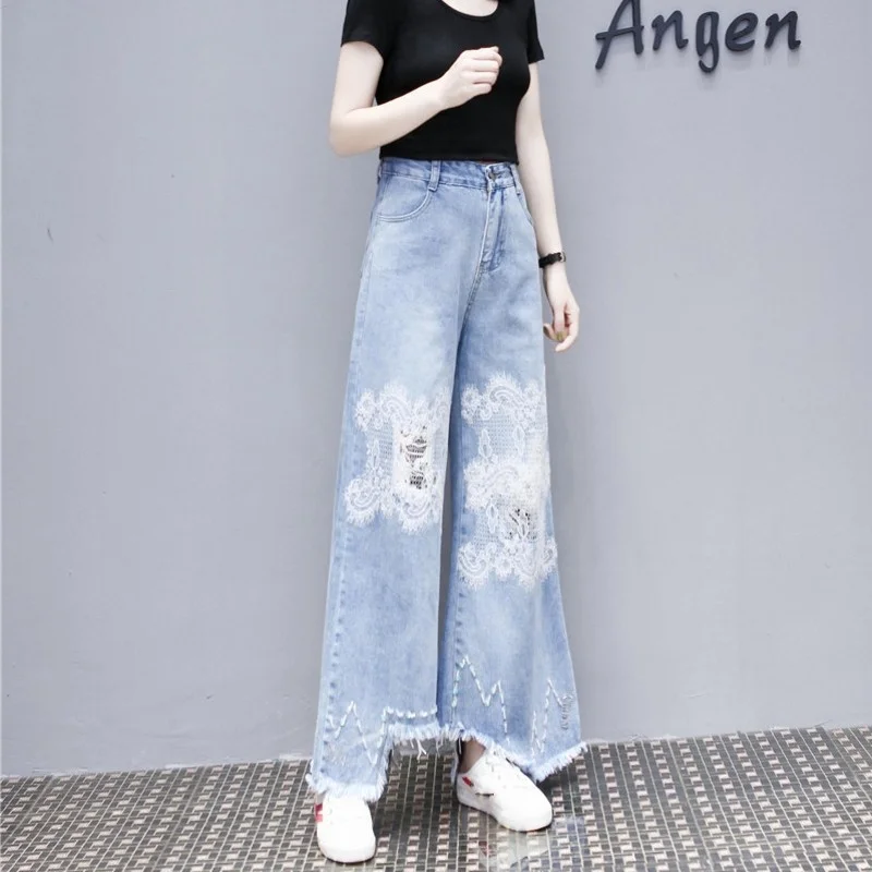 

Women Fashion Washed Lace Flower Jeans Female High Waist Denim Loose Wide Leg Pants Irregular Tassels Hole Ripped Jeans Trousers