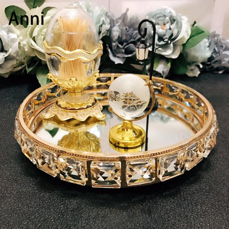 Creativity Crystal Embellishment Trays Decorative Nordic Modern Jewelry Cosmetic Glass Mirror Storage Tray Wedding Decoration